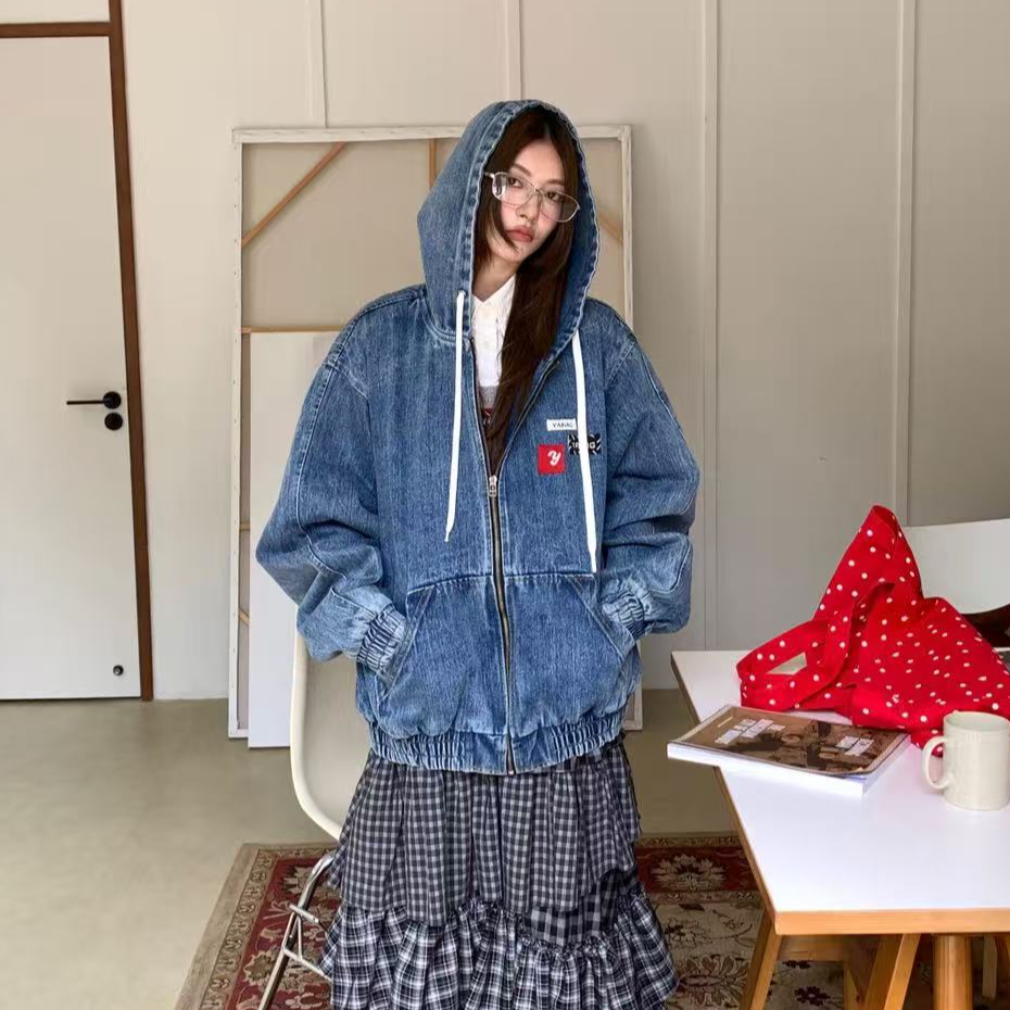 YANAG竹节细纹针织标装饰牛仔夹克