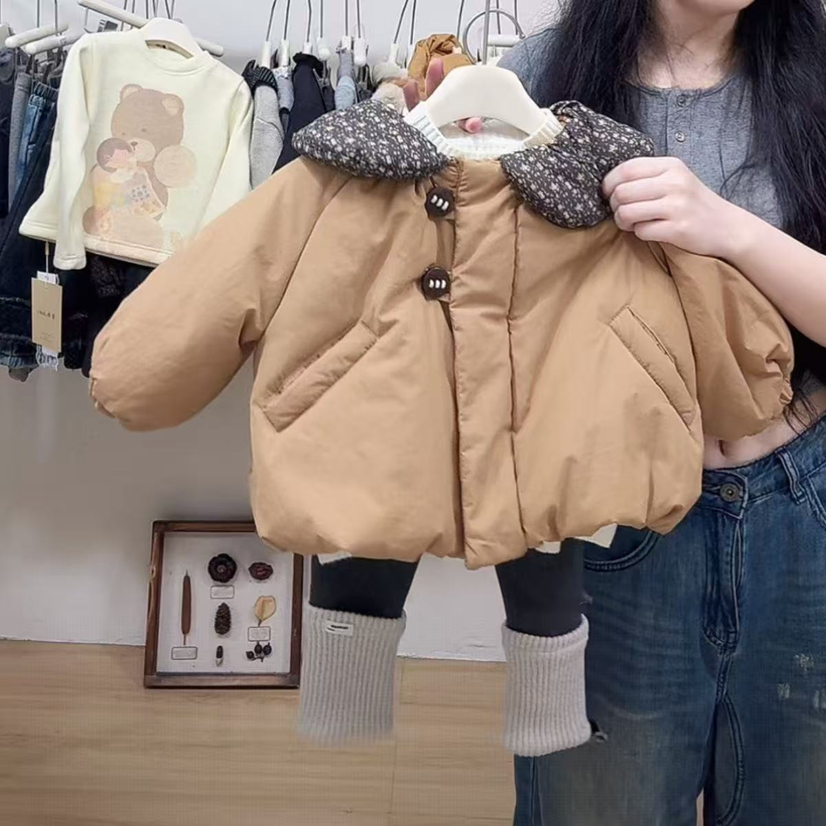 棉服厚款碎花冬款童装毛领宝宝V领公主风翻领棉袄