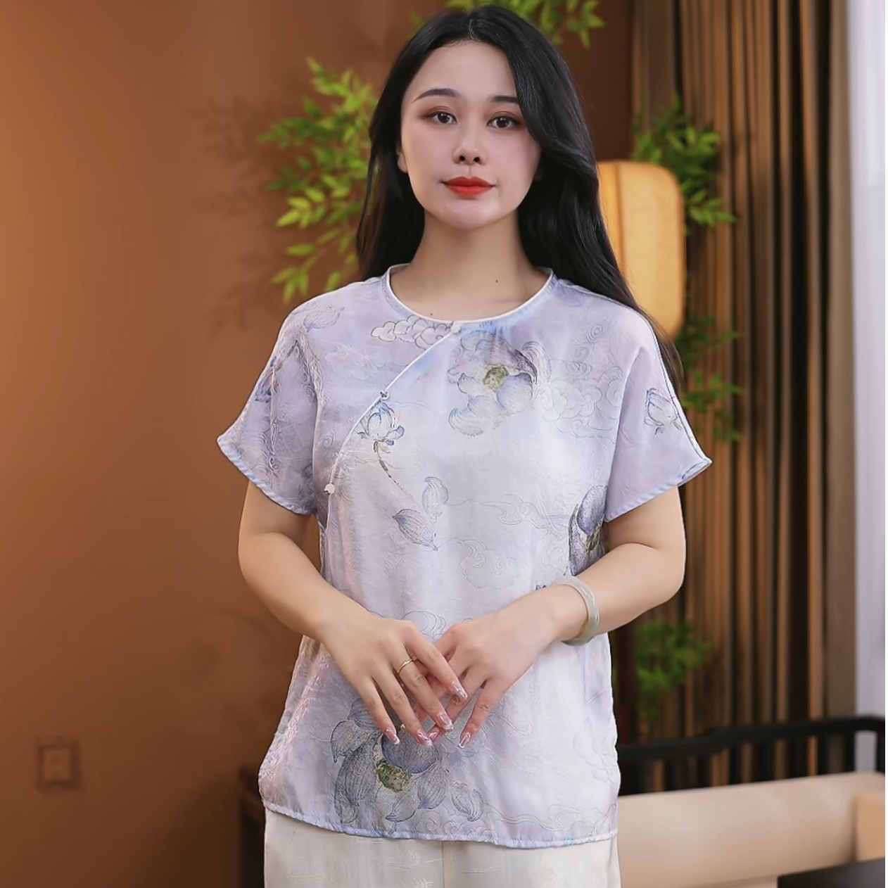 2025新中式夏季桑蚕丝短袖时尚显瘦百搭中国风上衣女S114