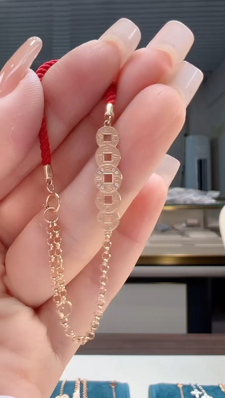 【闪购商品】钻石手链18K金镶嵌镶钻铜钱红绳手链K红