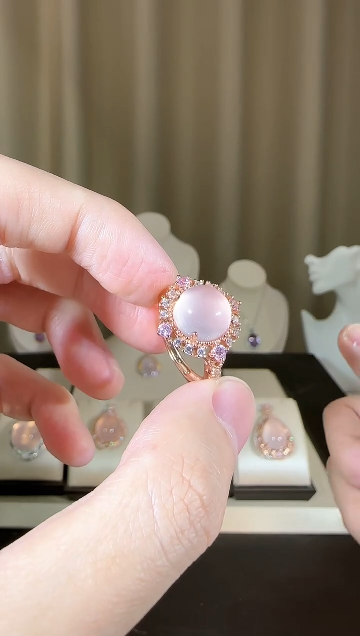 【闪购商品】芙蓉石戒指银S925镶嵌10mm星光粉水晶
