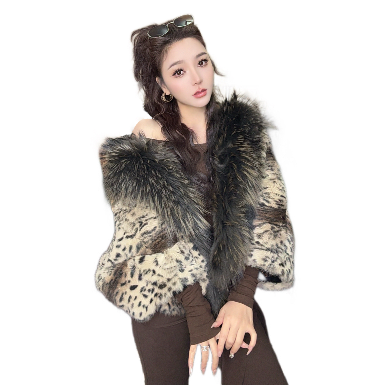 25582豹纹大毛领不可拆拼接老钱风慵懒风显瘦短外套