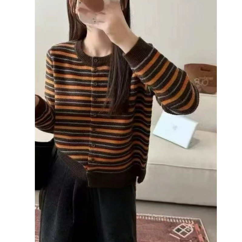 【咖橘条纹】欧货气质针织开衫女毛衣外套气质单排扣宽松上衣
