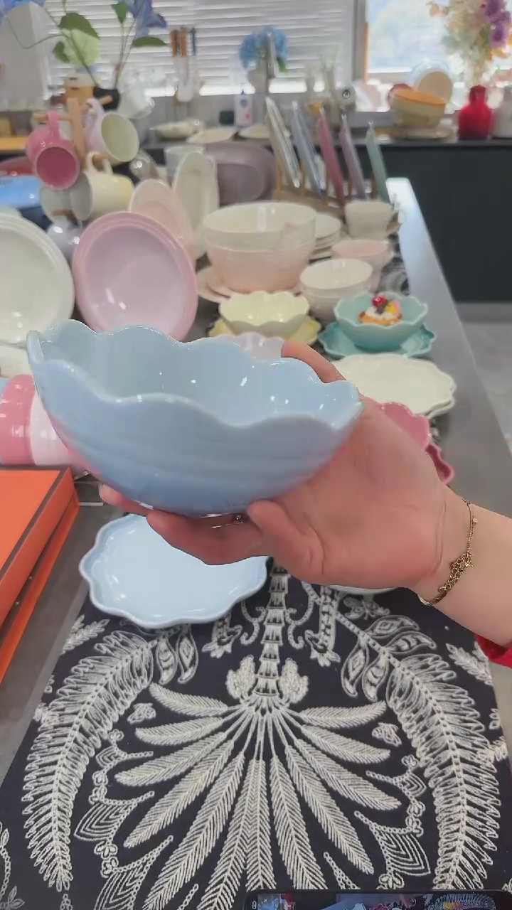 【闪购商品】瓷炻彩花边碗14CM-尼罗蓝