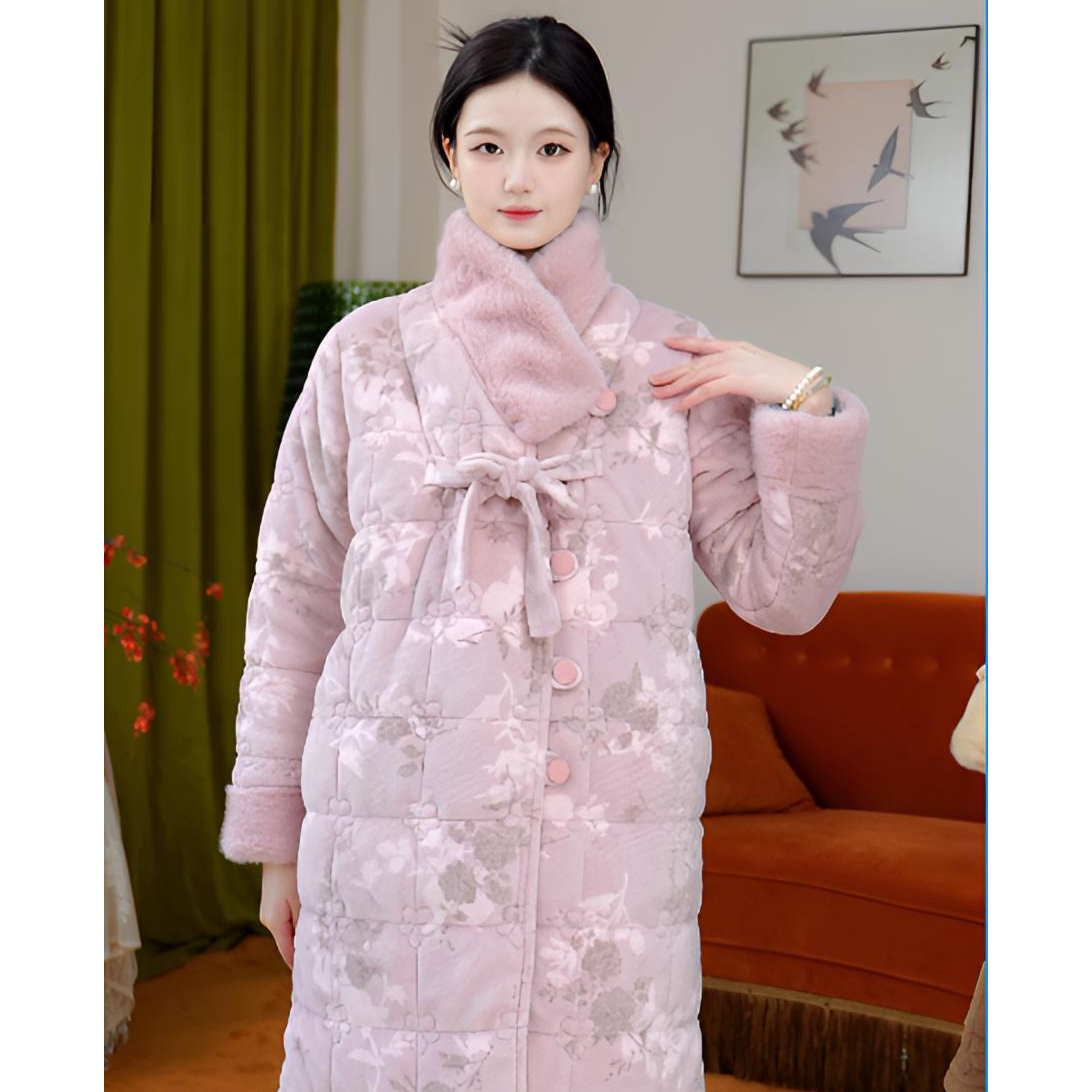 出水芙蓉长款三层夹棉睡衣