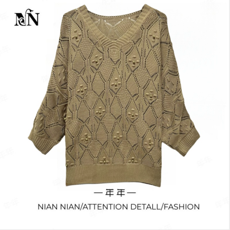 〖剑桥故事〗V领镂空纯色长袖针织衫女春季新款百搭洋气显瘦上衣