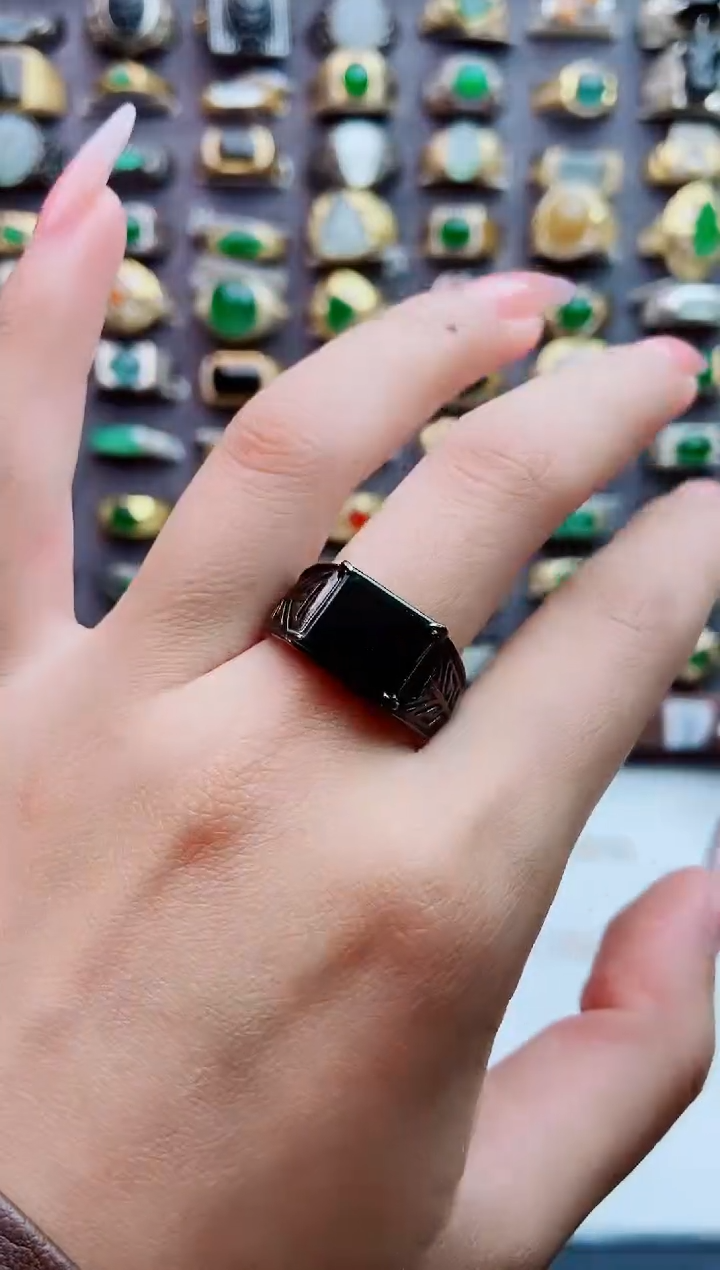 银S925镶嵌戒指翡翠天然翡翠男戒