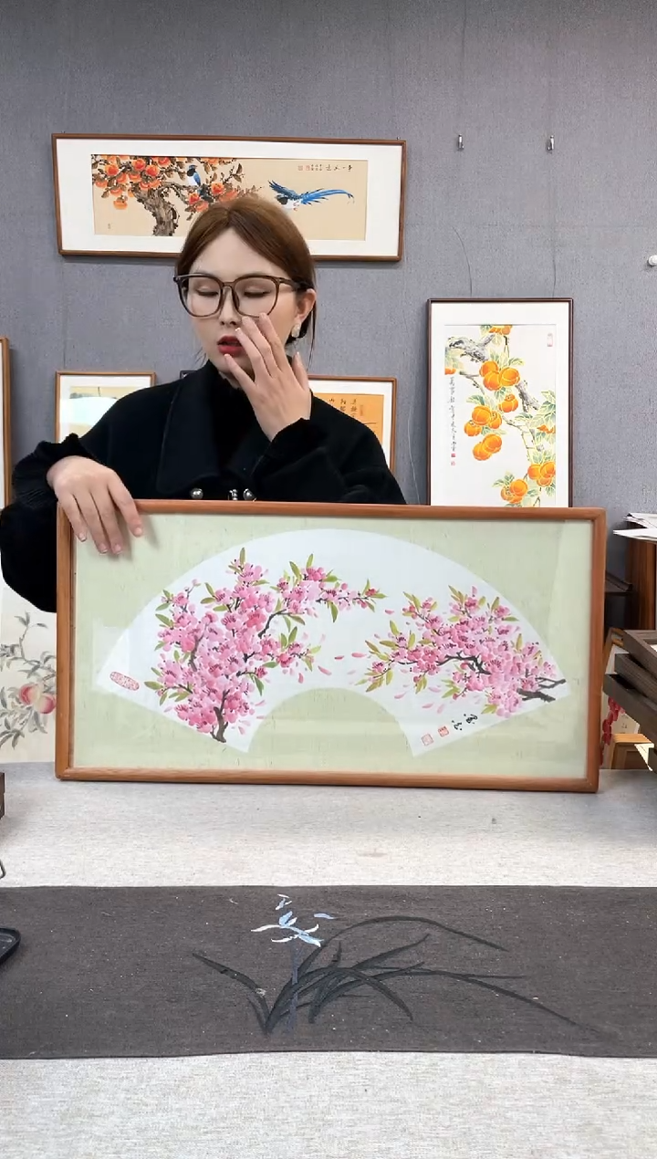 【闪购商品】国画周跃飞-纯手绘带框作品-35*68-桃花