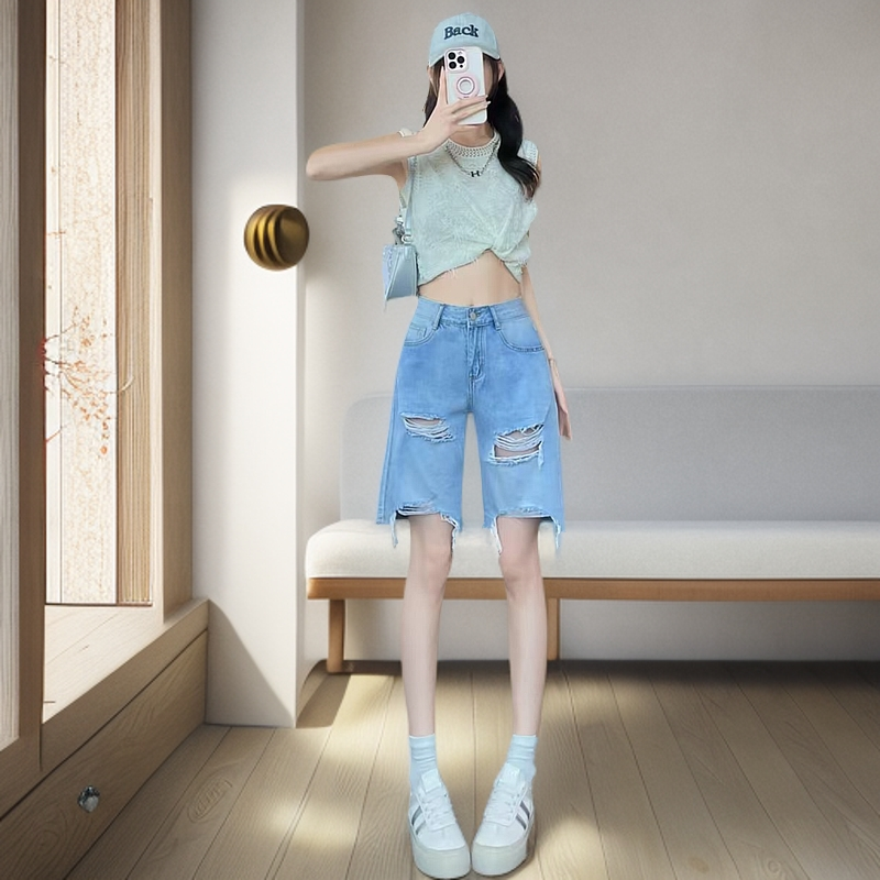 【6085-1】时尚显瘦设计感破洞毛边牛仔裤女夏季薄款百搭直筒过膝裤