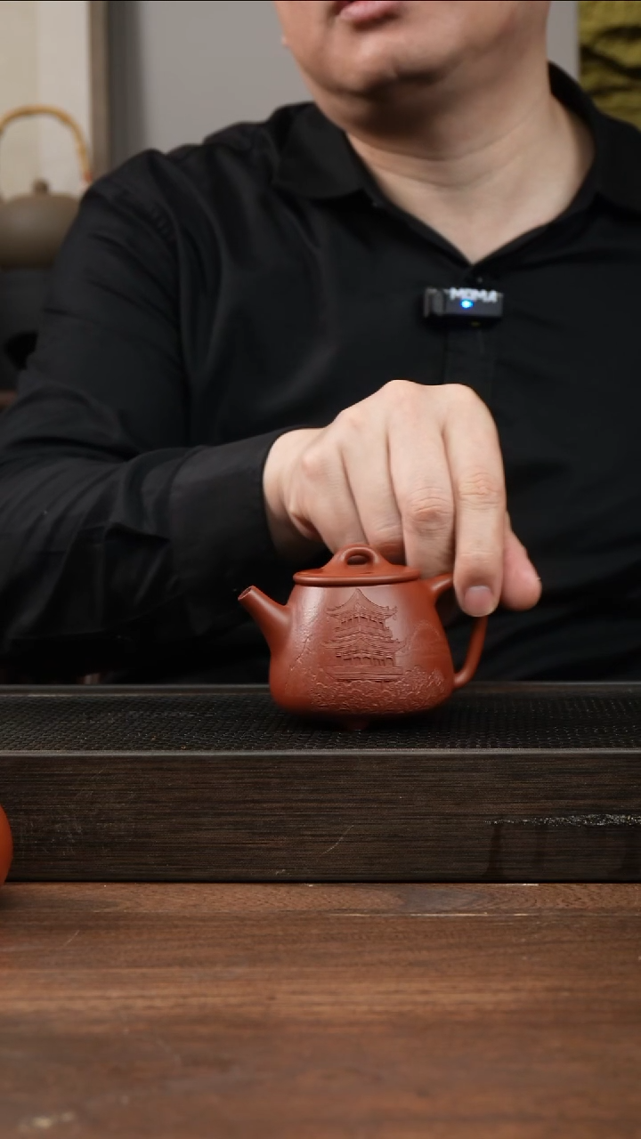 茶杯紫砂全手朱泥高德钟   浮雕刻绘    