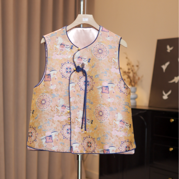 【马到成功】重工提花新中式马甲女秋小个子斜襟国风马夹背心