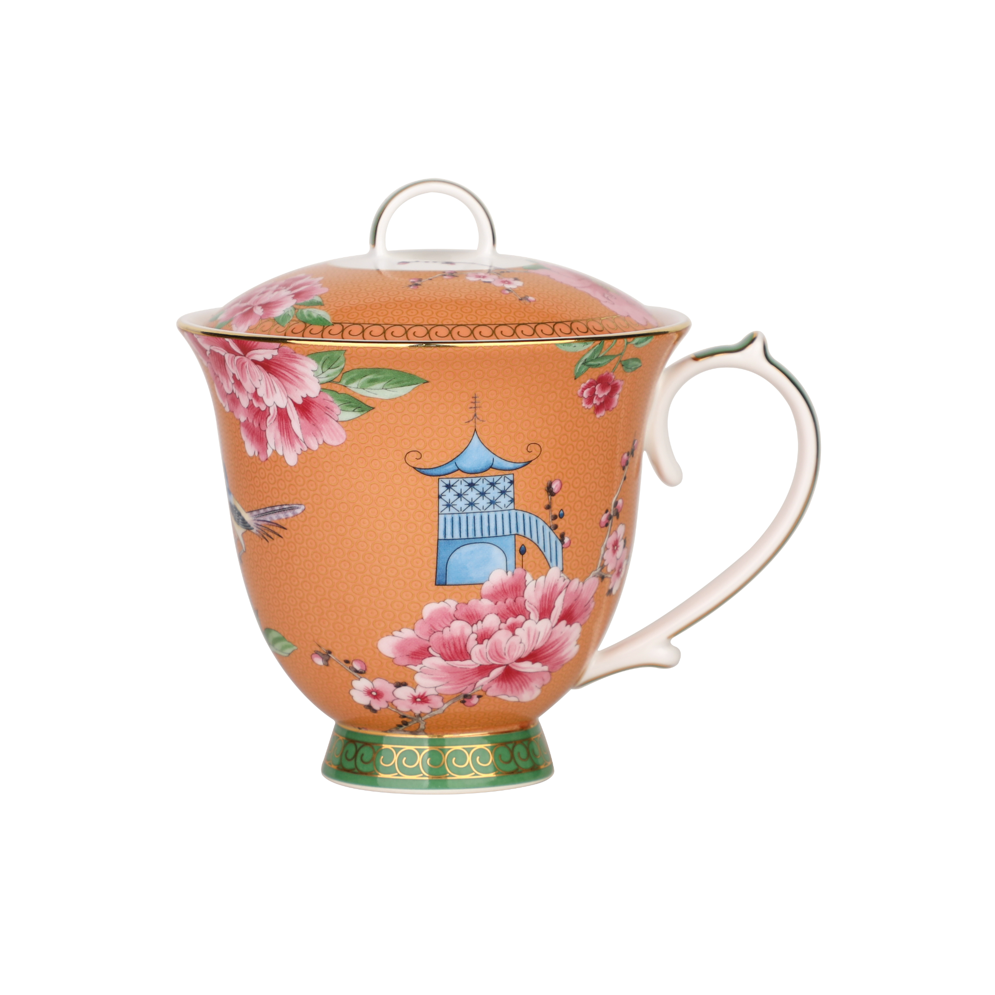 【TD家】350ML 瑰宝牡丹（琥珀橙）描金盖杯 欧式茶杯 高骨瓷礼盒装