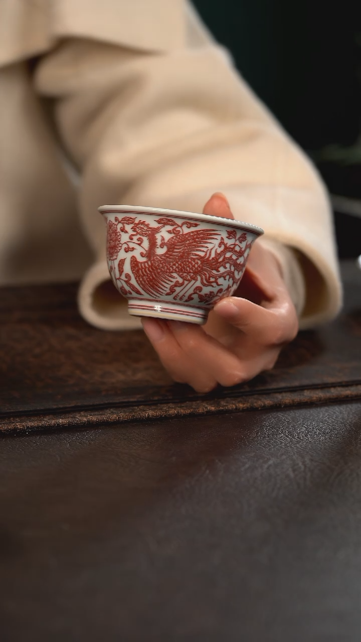 【闪购商品】杯贵红窑釉里红麒麟引凤压手杯