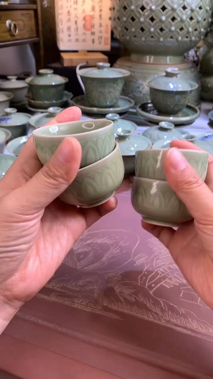 现代耀州窑微瑕小口失圆青瓷莲瓣小茶杯50CC四只