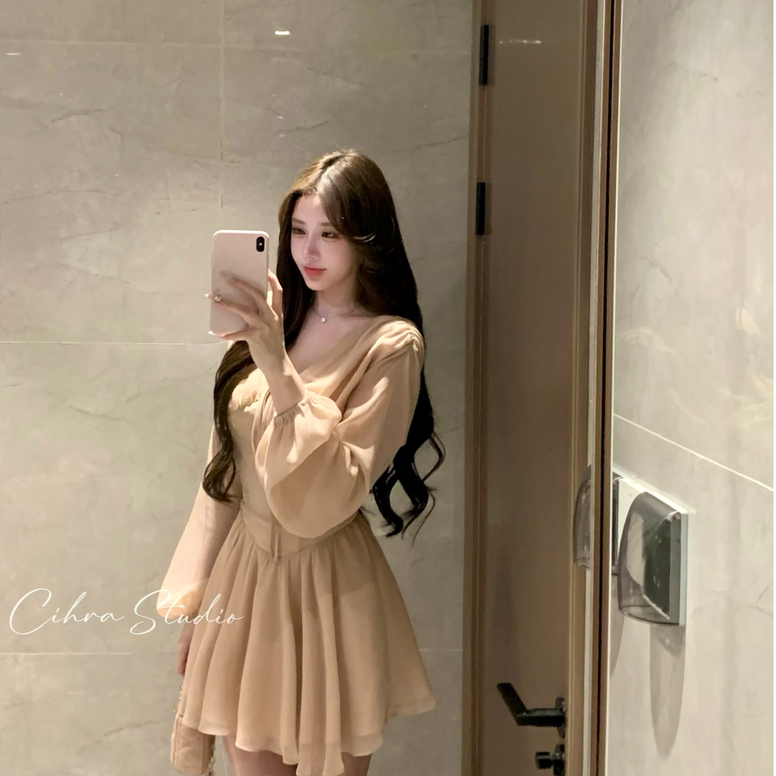 Cihra 【雾纱语梦】法式风V领长袖新款连衣裙收腰显瘦气质短裙
