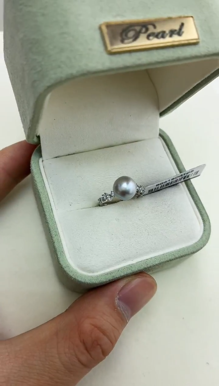 银S925镶嵌DA海水珍珠灰珠戒指8-9 BQ618