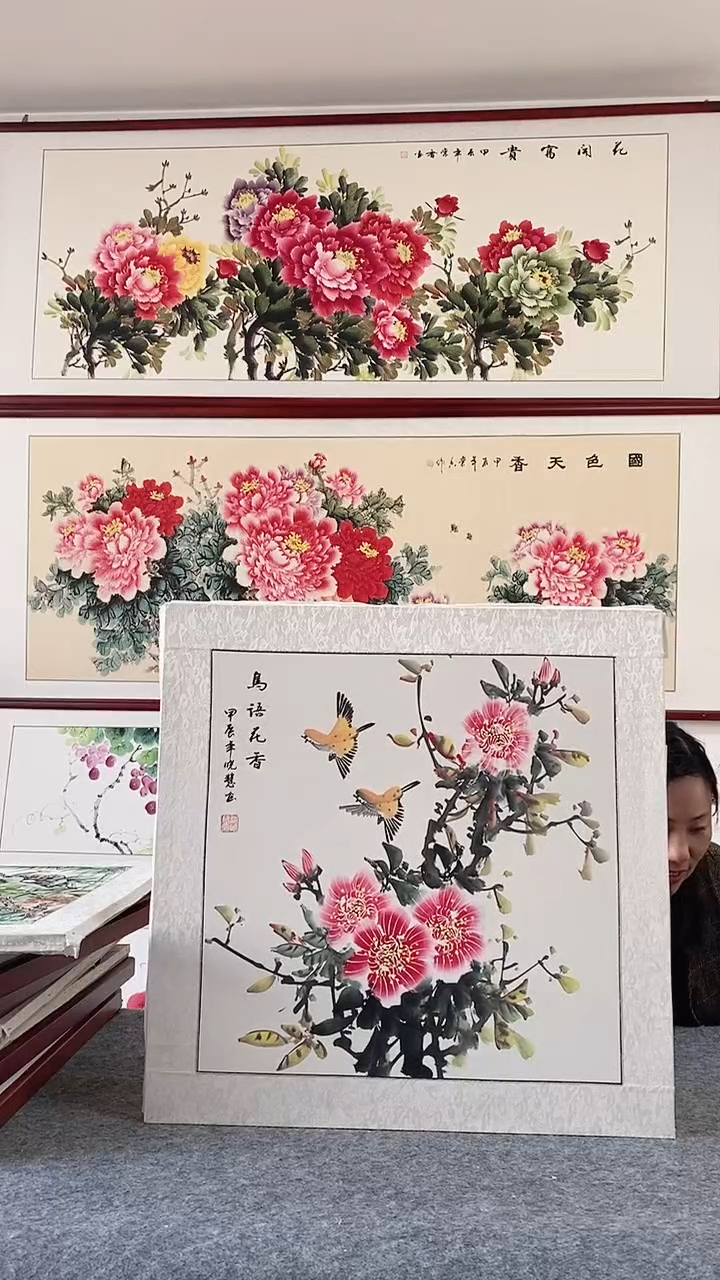国画纯手绘国画65*65带框装饰挂画