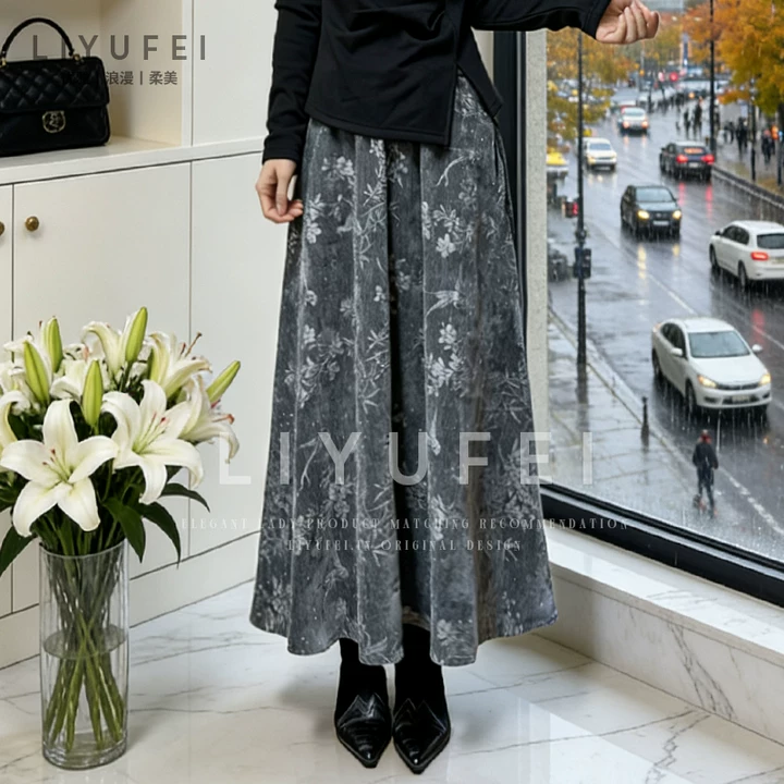 墨染青枝毛呢银灰半身裙女2025秋冬新款高腰显瘦中长裙