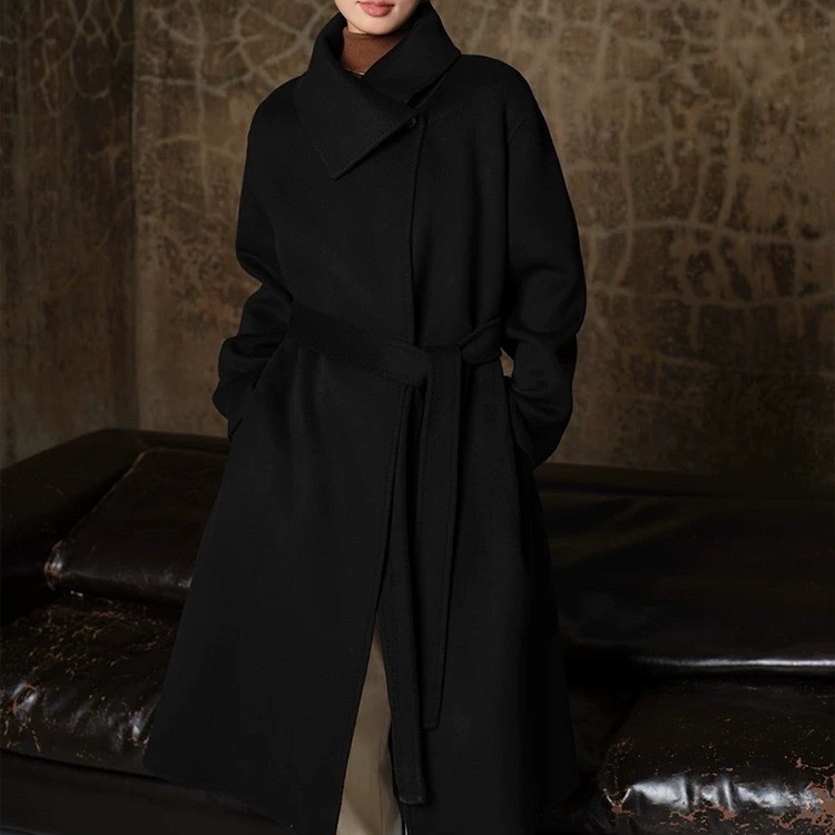 【洋气时尚】高端双面翻领中长款围脖立领大衣