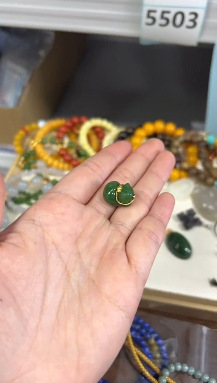 银S925镶嵌手链和田玉孤品和田玉碧玉趴趴猫配件[55]