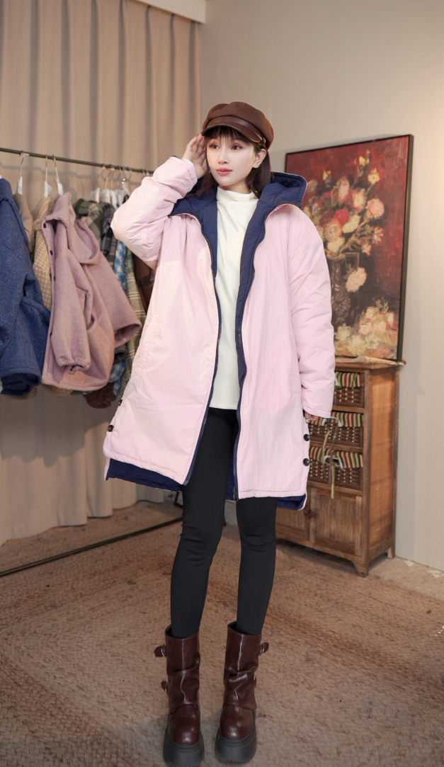 【木森】【俏皮】冬季新款粉色双面穿中长款连帽棉服女款上衣外套S271