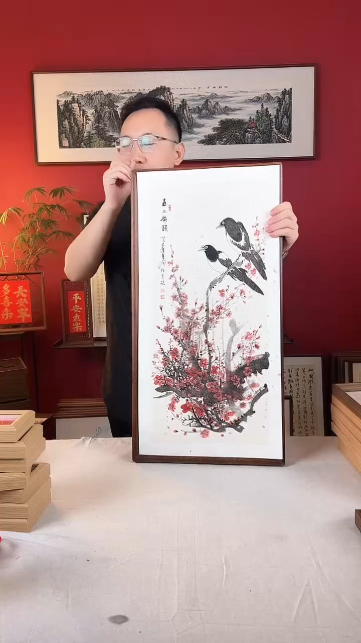 【闪购商品】国画喜上眉头纯手绘国画33*66实木画框