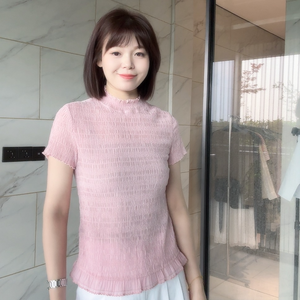 AMASS/阿玛施新款条纹短袖打底衫百搭少女风花边领T恤内搭530063