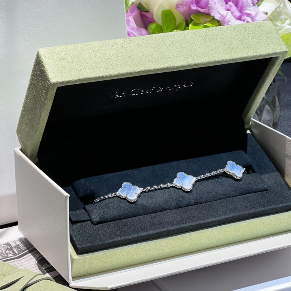 未使用 梵克雅宝 珊珊专属中号五花手链 紫花 新扣 S-M码 白金 