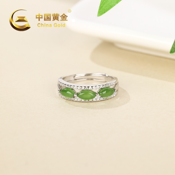 【中国黄金】S925银和田玉碧玉马眼戒指-J809-【北】