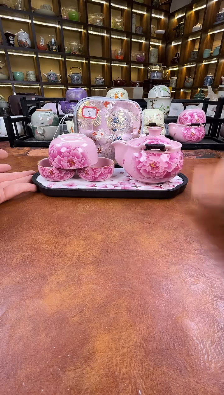 瓷片新款粉色牡丹宝瓶+长方粉色花朵盘