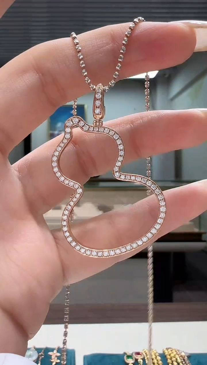 【闪购商品】钻石吊坠(不含链)18K金镶嵌满钻镂空大葫芦吊坠K红