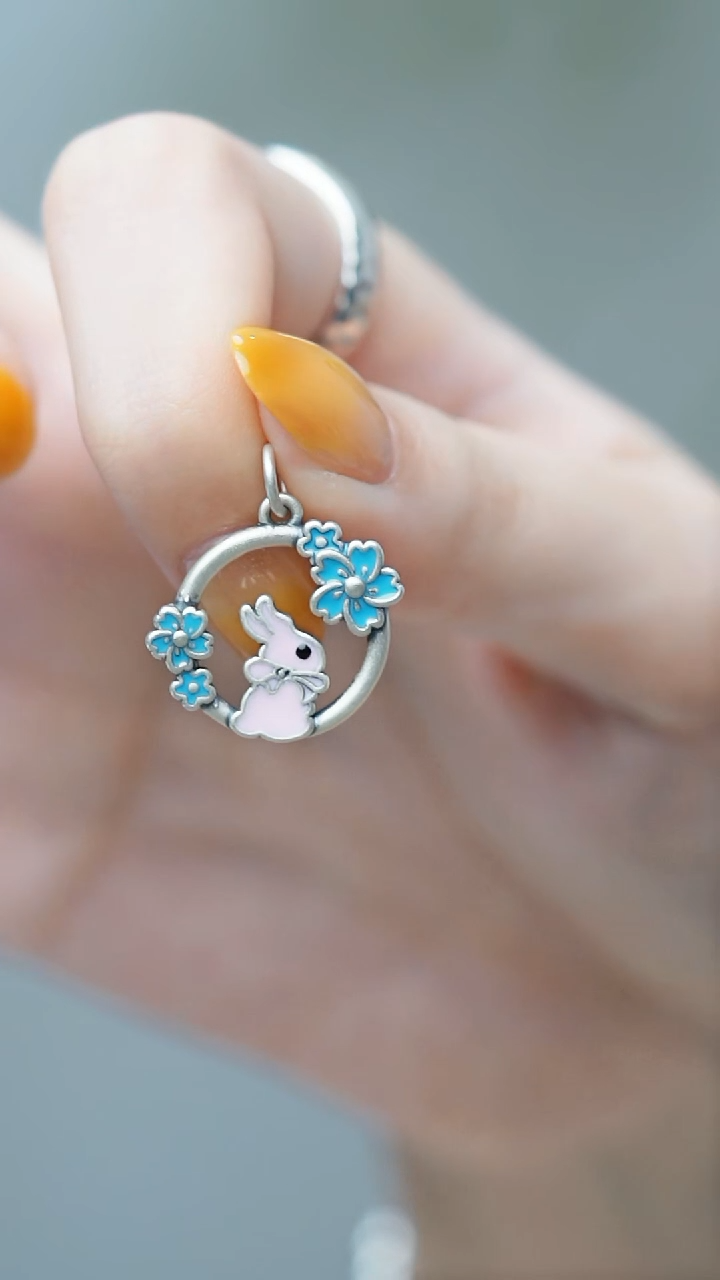 非金属无吊坠挂件系列-足银粉色可爱兔挂件