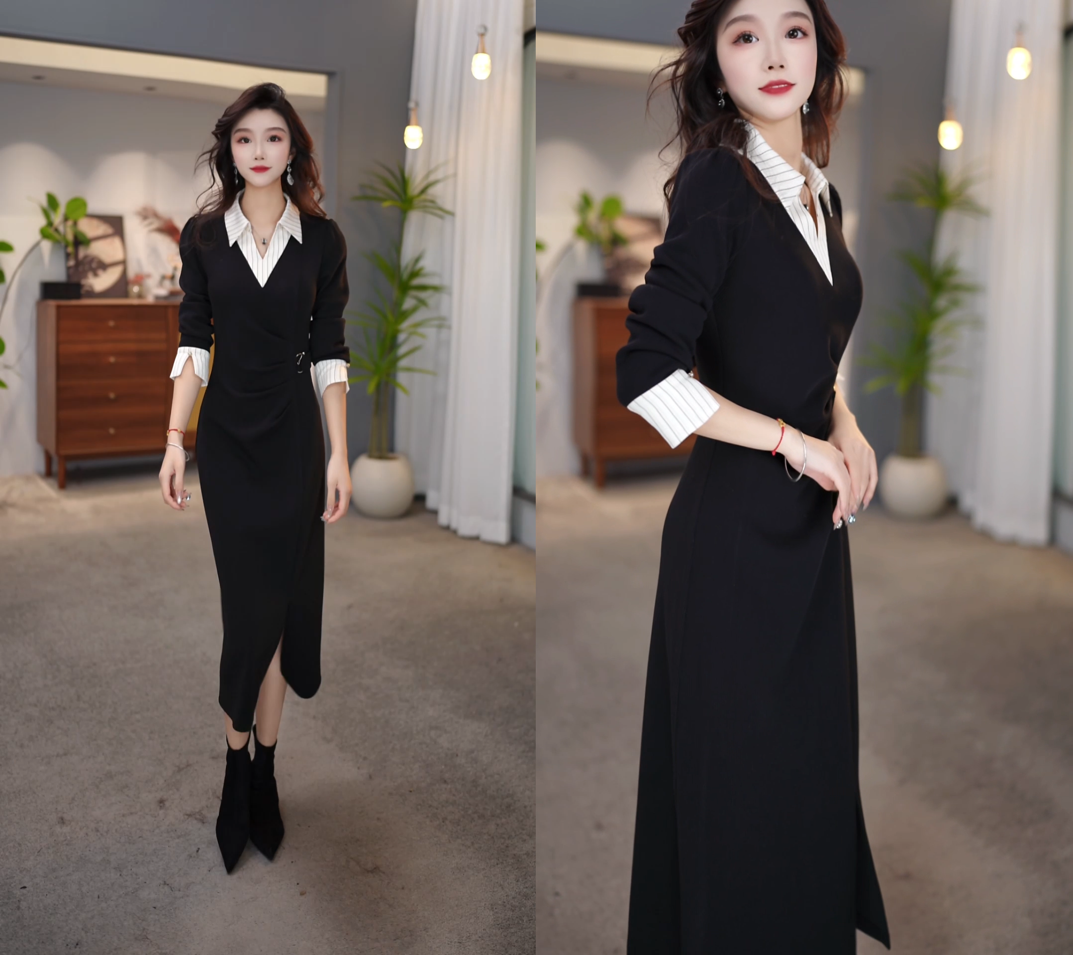 【现货】2025秋冬款气质女黑色条纹衬衫领拼接收腰显瘦连衣裙M-4XL