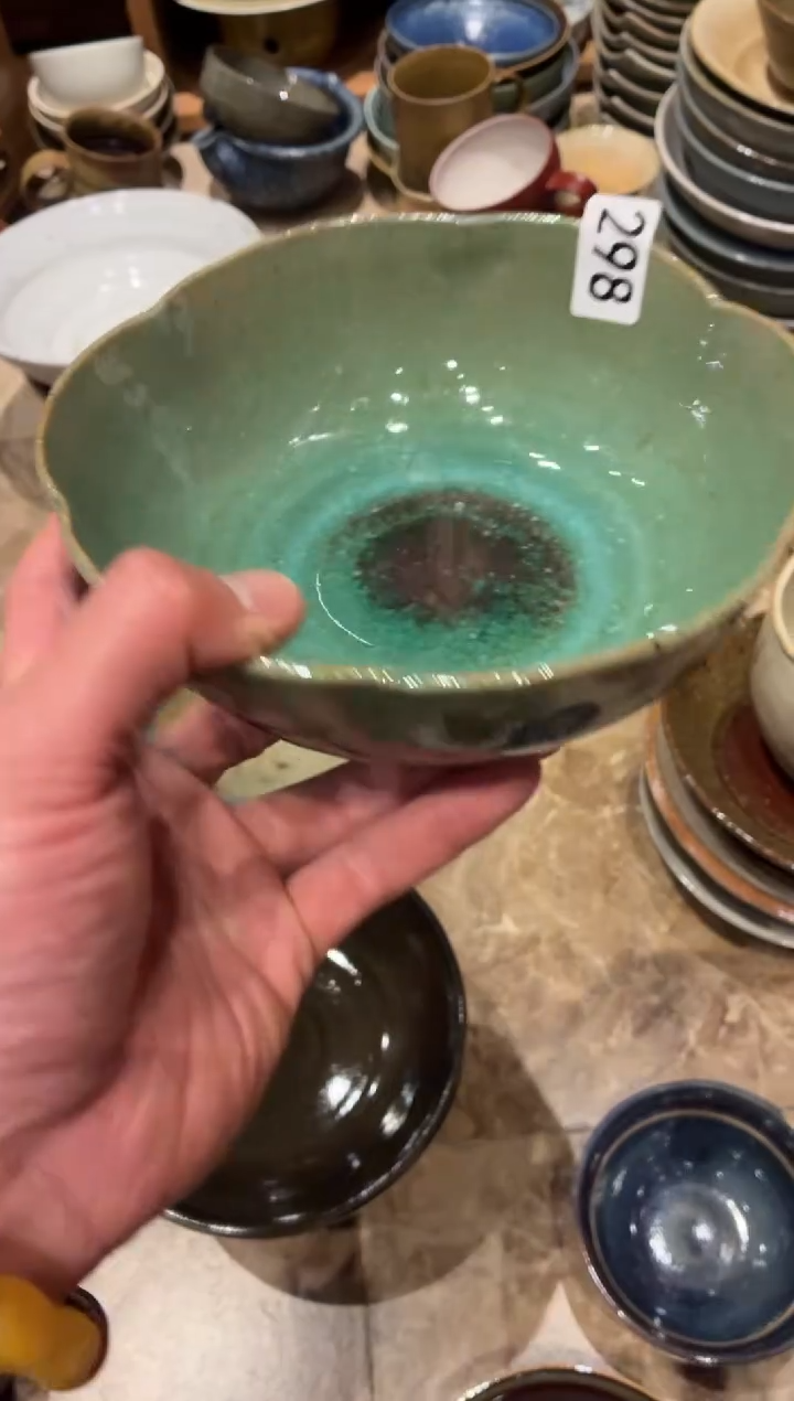 瓷片宋*嘴298粗陶手工绿色花瓣面碗1个