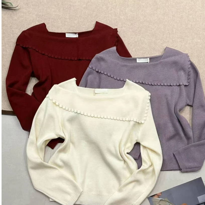 韩系一字大翻领钩花花边毛衣上衣针织衫女秋新款打底衫长袖F8-53