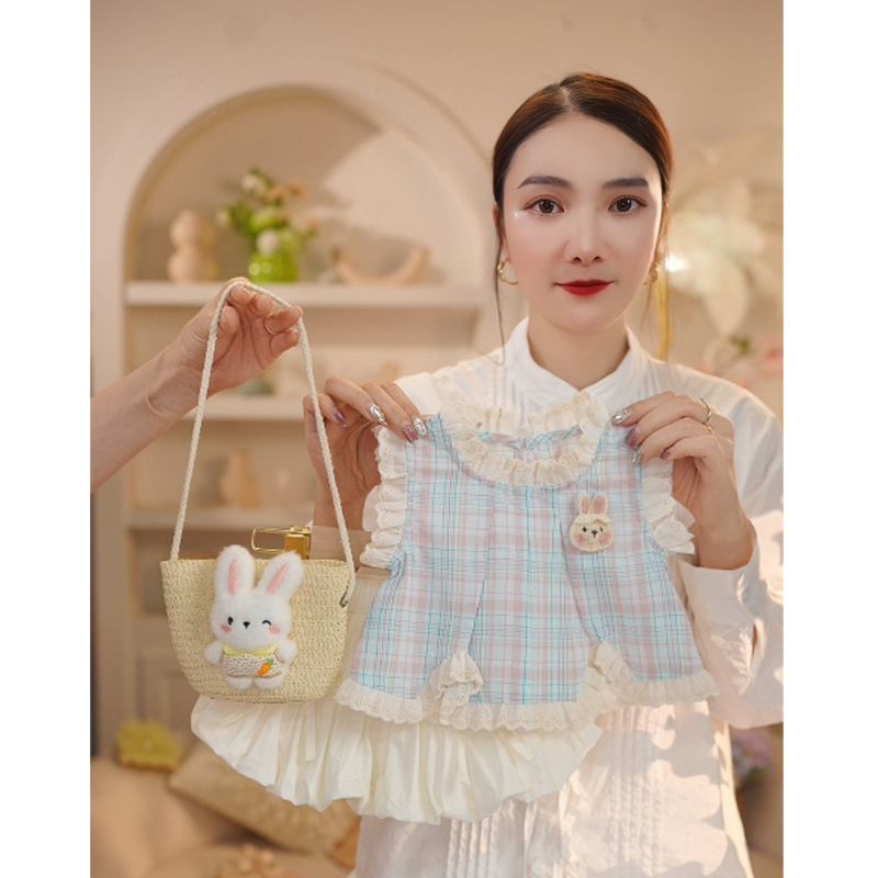 2025年夏季新款可爱法式蕾丝花边蓝色格子小兔花苞套装029