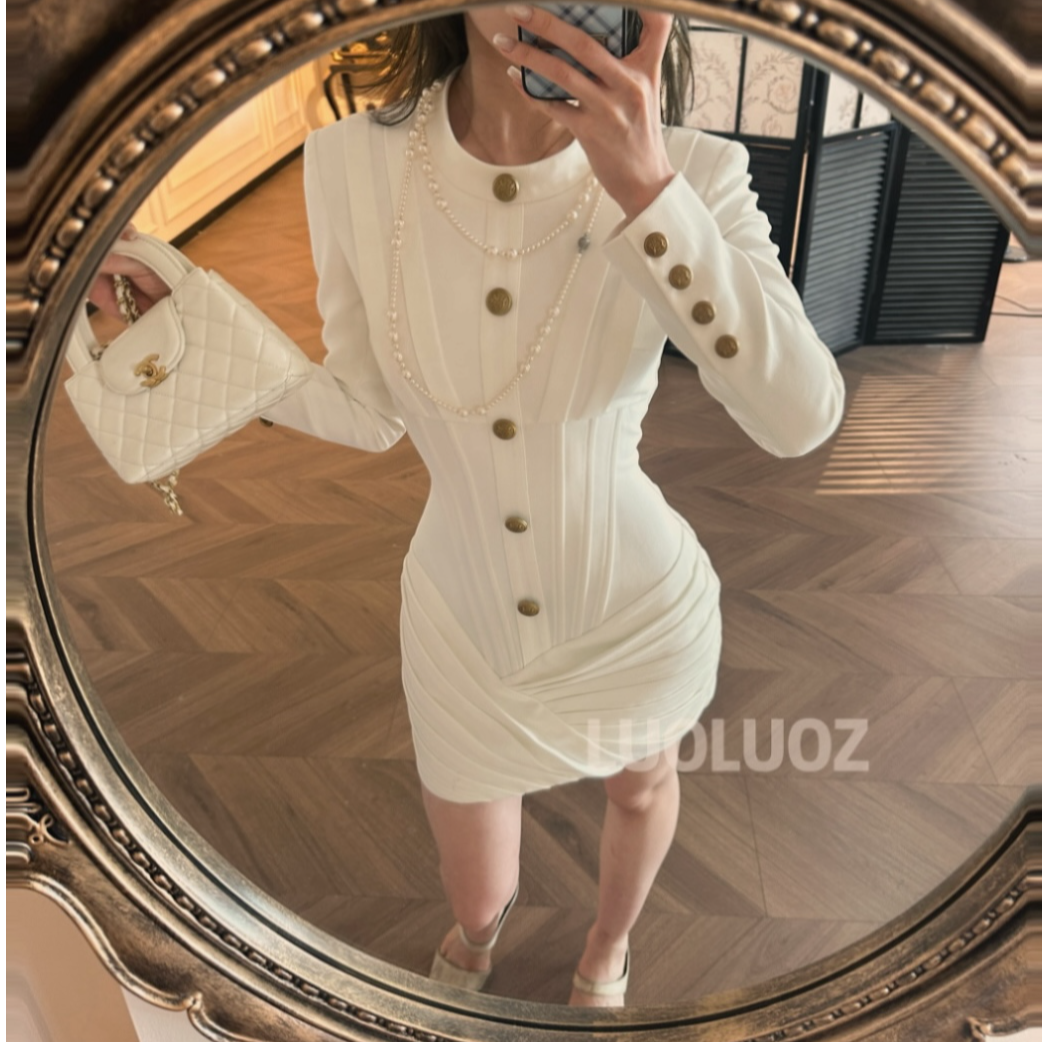 LUOLUOZ【岁月含香】高级气质绝美设计感收腰短款时尚连衣裙JF993