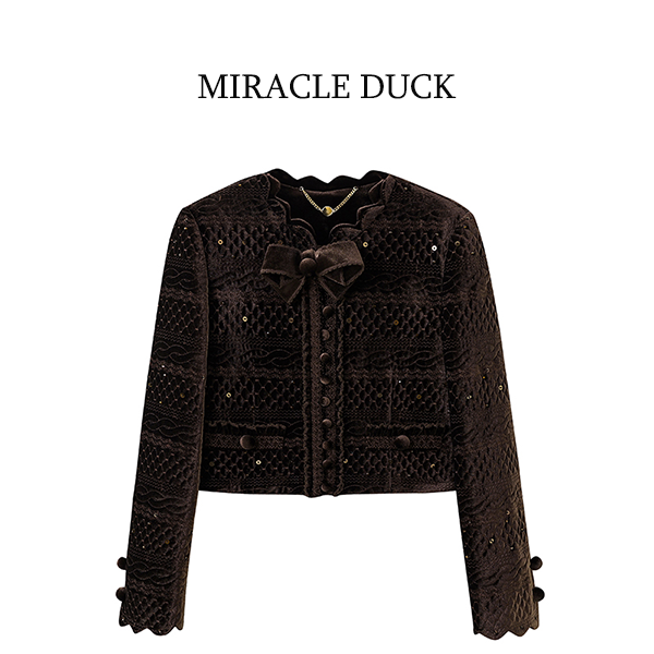 3号【咖色丝绒】秋冬气质名媛咖色丝绒亮片蝴蝶结圆领外套C1897