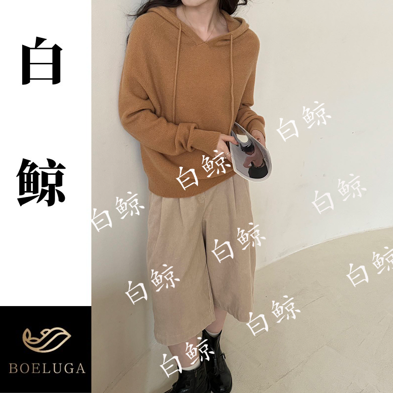 【白鲸】韩版羊毛连帽针织衫女百搭毛衣上衣慵懒风棕色套头衫2811