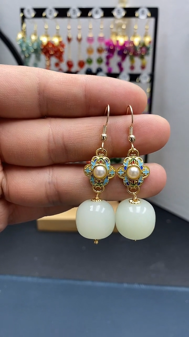 【闪购商品】和田玉耳饰银S925镀金镶嵌尺寸16mm桶珠A2