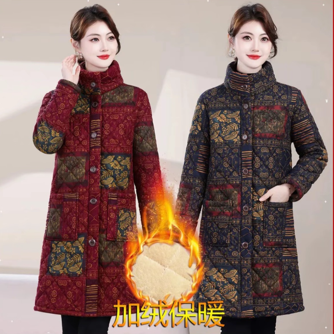 新款加绒加厚中长款立领棉衣棉袄显瘦宽松中老年气质妈妈装