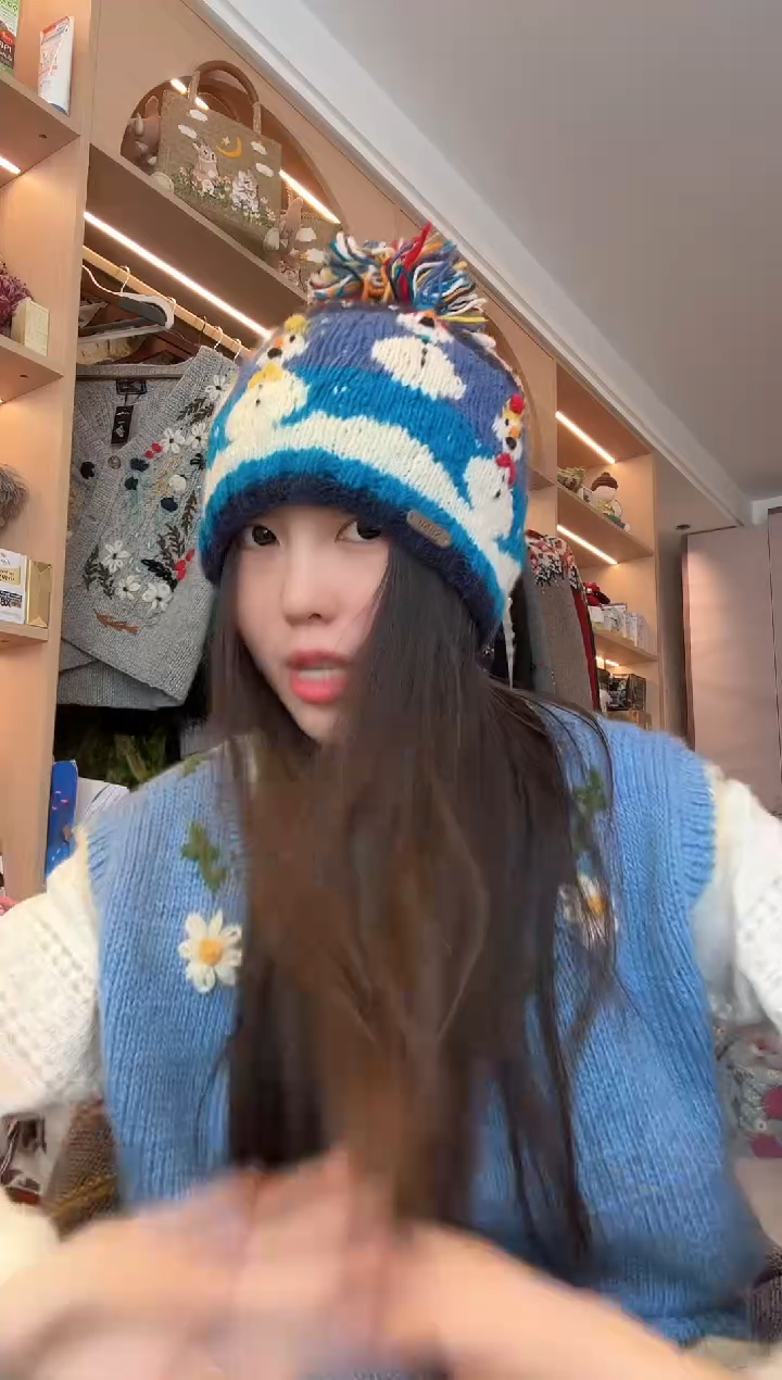 羊毛蓝色细线雪人帽