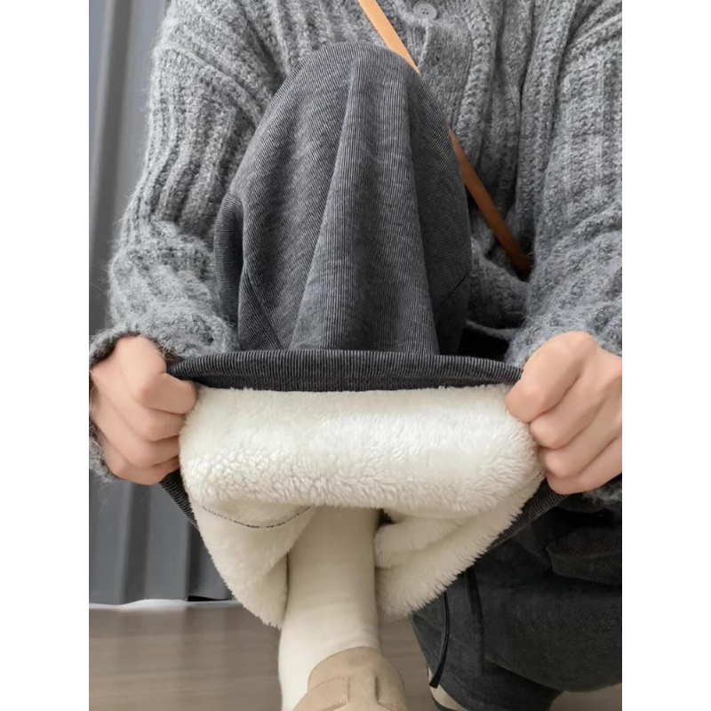 胖妹妹大码灰色羊羔绒糯米裤子女秋冬宽松直筒休闲加绒加厚阔腿裤