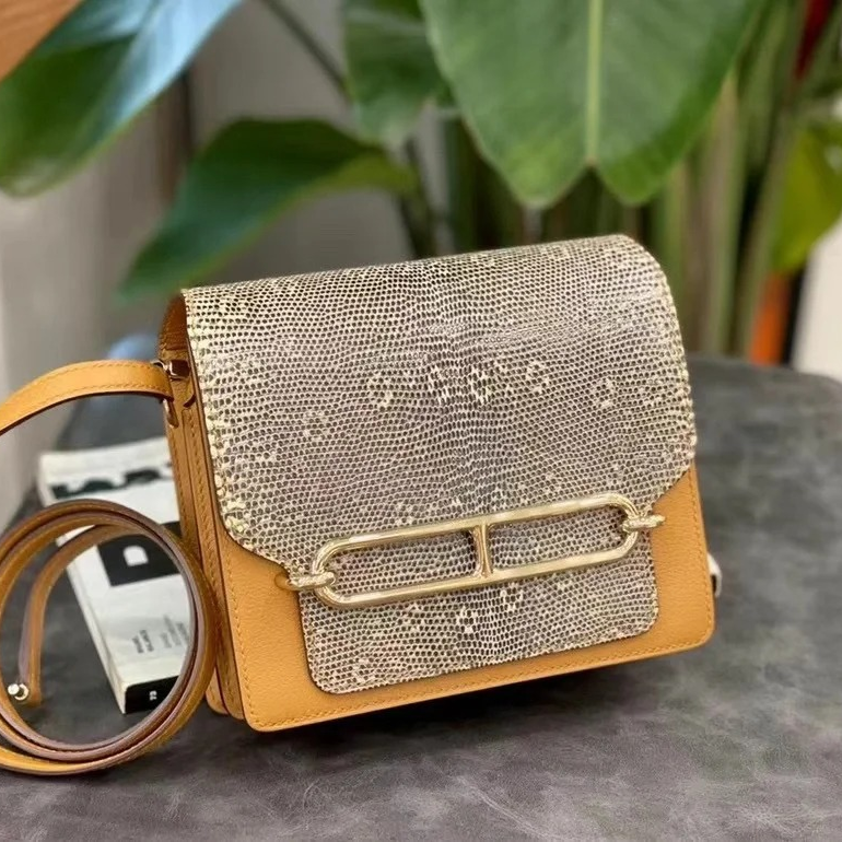 99新 Hermes/爱马仕 小花Jerry猪鼻子 19 芝麻色拼原色蜥蜴 Y刻