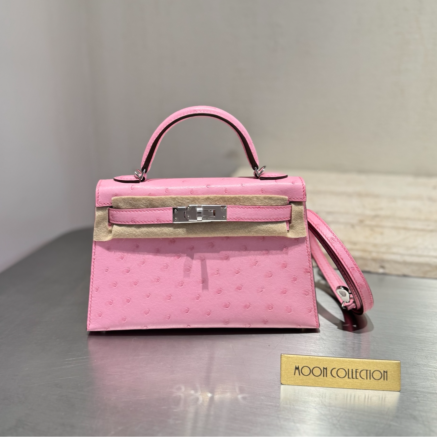 未使用 Hermes/爱马仕 正品MINI KELLY 2代 鸵鸟 L4泡泡粉 k刻