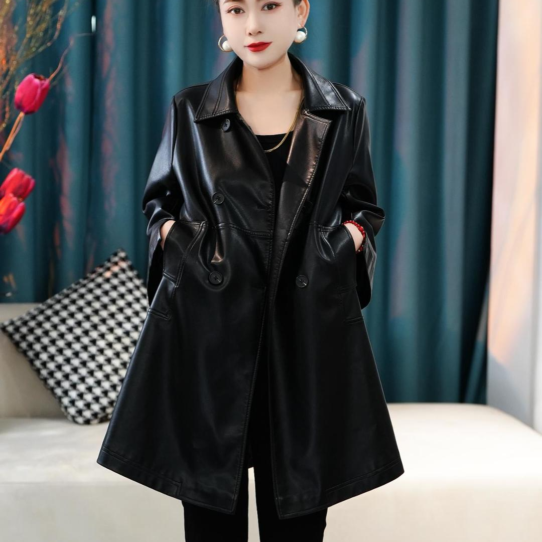 （晓晓） 2025秋季新款时尚A字版中长款女士皮衣外套