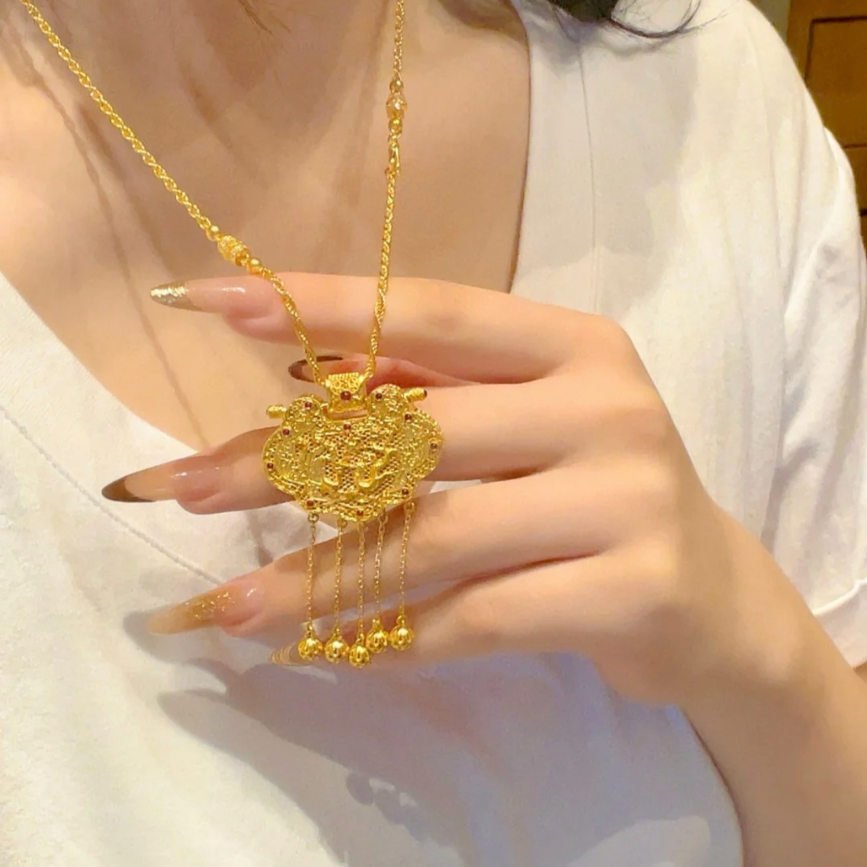 铜合金项链 国潮新款花丝天子门生流苏龙凤锁包项链锁骨链女