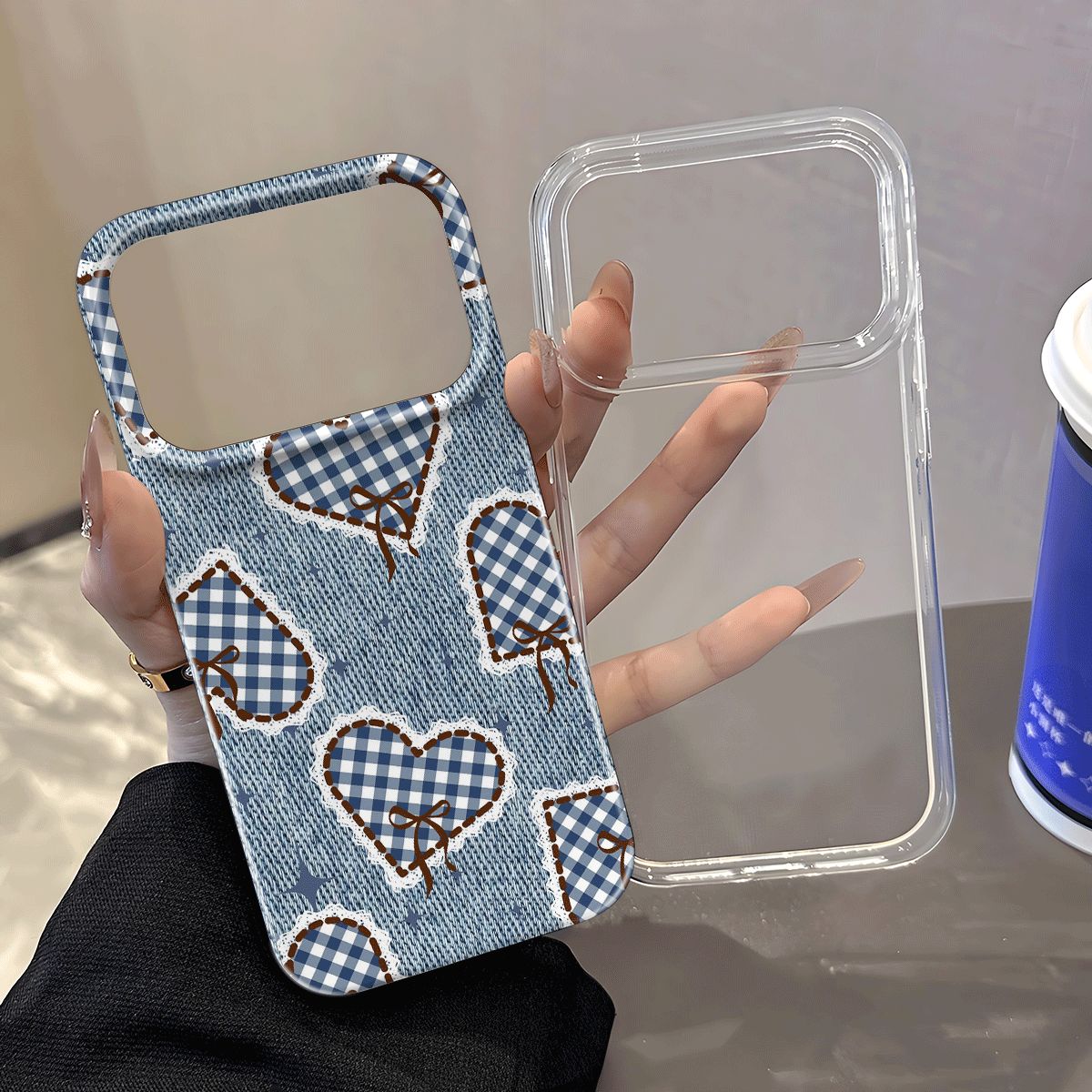 牛仔拼接爱心图案适用苹果多型号的全包果冻二合一手机保护套
