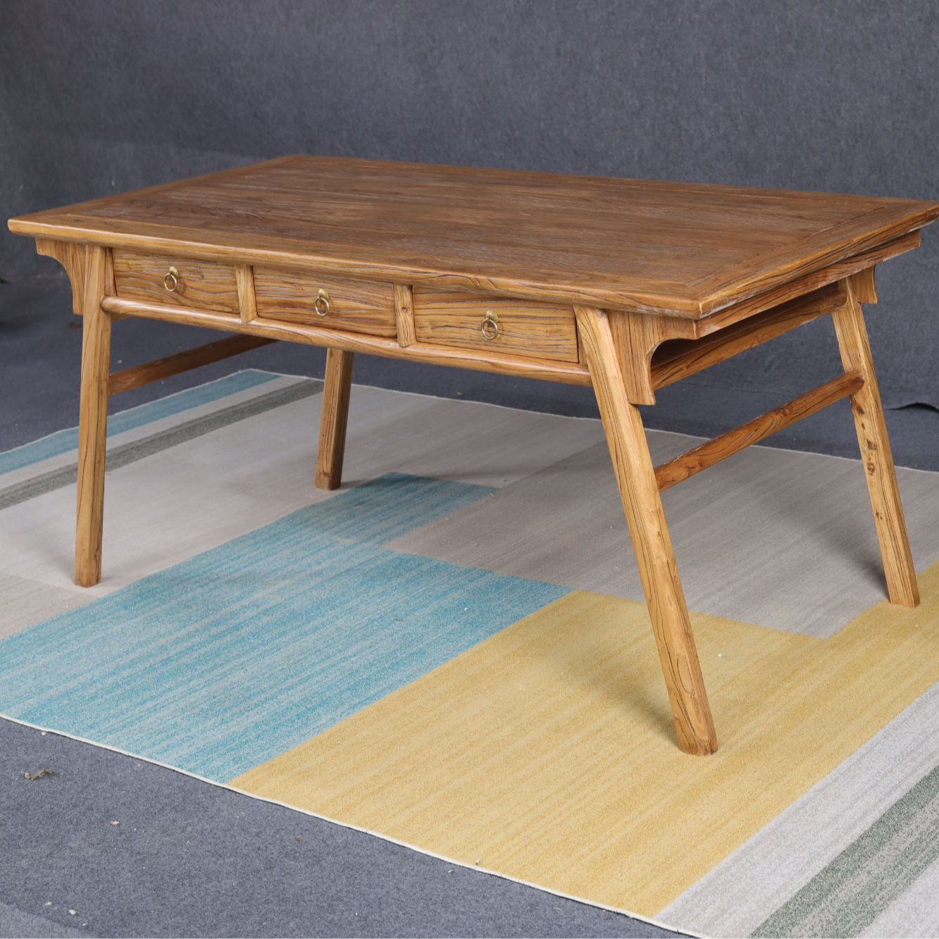 老榆木新古典三抽书桌 实木