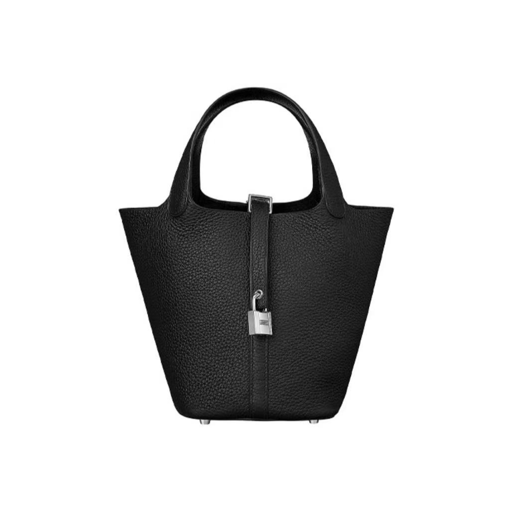 全新未使用 Hermes/爱马仕 小花6珊 菜篮子 18 黑色 TC皮W刻 银扣